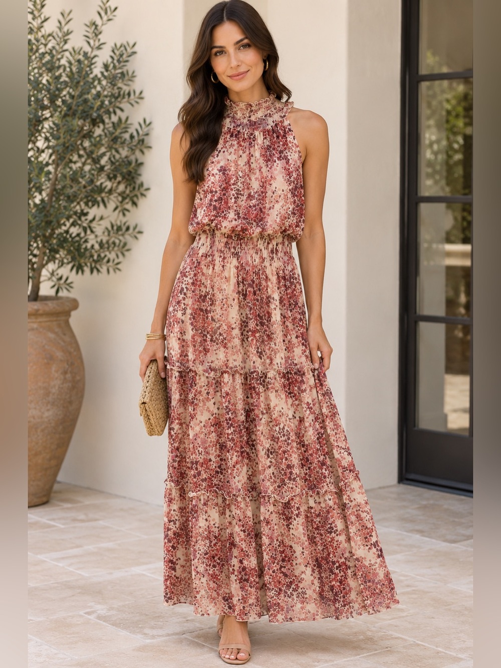 Kate and Lily Pink Floral Halter Maxi Dress with Smocked Neckline Size 10